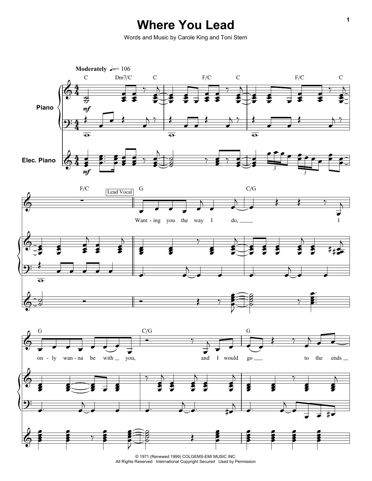 Carole King Where You Lead sheet music notes and chords. Download Printable PDF.