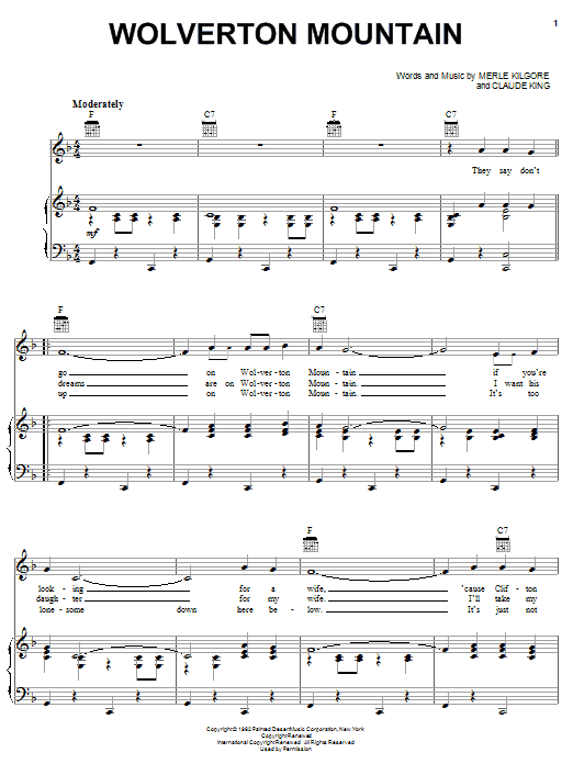 Carole King Wolverton Mountain sheet music notes and chords arranged for Piano, Vocal & Guitar Chords (Right-Hand Melody)