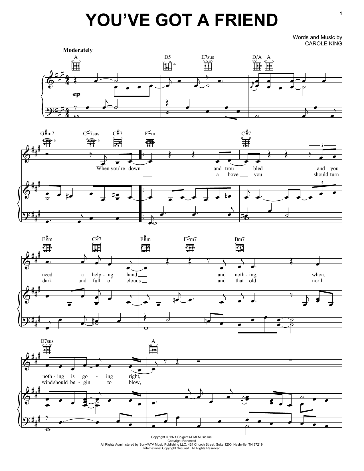 Carole King You've Got A Friend sheet music notes and chords. Download Printable PDF.