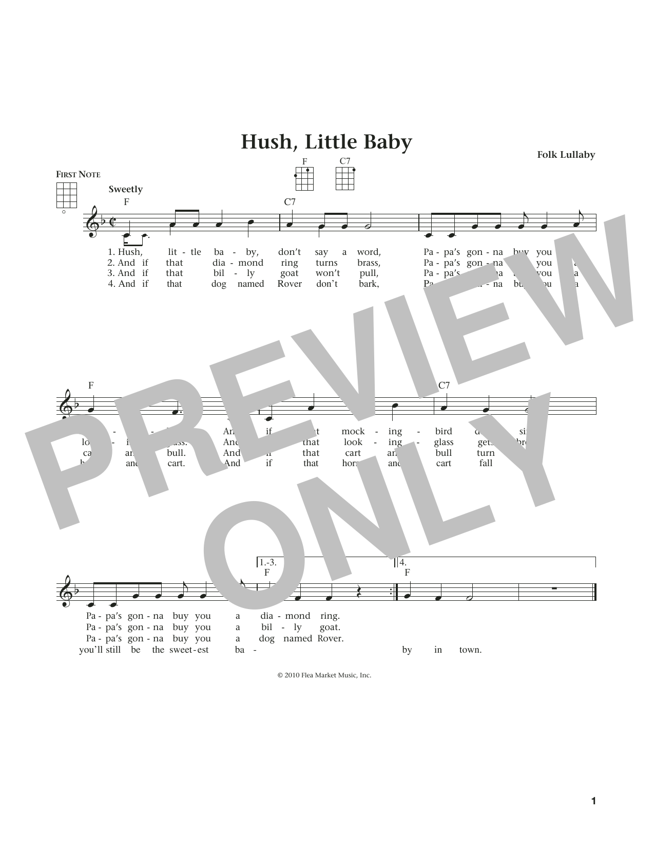 Learn to play Carolina Folk Lullaby Hush, Little Baby (from The Daily Ukulele) (arr. Liz and Jim Beloff) sheet music for Ukulele in minutes. Price: 5.9900$ Carolina Folk Lullaby Hush, Little Baby (from The Daily Ukulele) (arr. Liz and Jim Beloff) sheet music notes and chords arranged for Ukulele