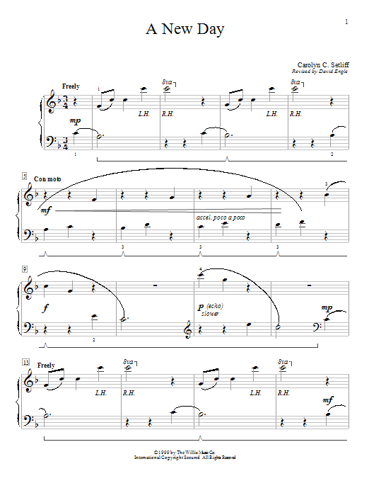 Learn to play Carolyn C. Setliff A New Day sheet music for Educational Piano in minutes. Price: 6.9900$ Carolyn C. Setliff A New Day sheet music notes and chords arranged for Educational Piano