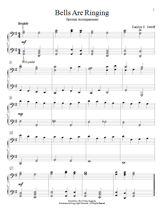 Learn to play Carolyn C. Setliff Bells Are Ringing sheet music for Piano Duet in minutes. Price: 7.8900$ Carolyn C. Setliff Bells Are Ringing sheet music notes and chords arranged for Piano Duet
