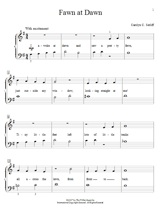 Learn to play Carolyn C. Setliff Fawn At Dawn sheet music for Educational Piano in minutes. Price: 6.9900$ Carolyn C. Setliff Fawn At Dawn sheet music notes and chords arranged for Educational Piano