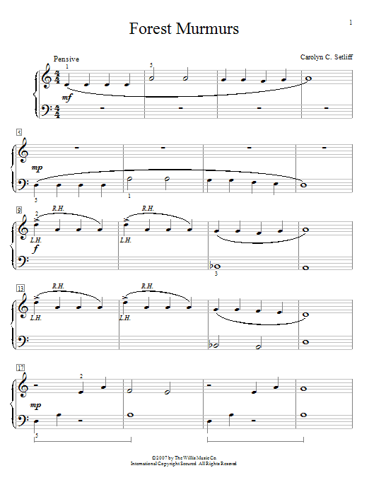 Learn to play Carolyn C. Setliff Forest Murmurs sheet music for Educational Piano in minutes. Price: 6.9900$ Carolyn C. Setliff Forest Murmurs sheet music notes and chords arranged for Educational Piano