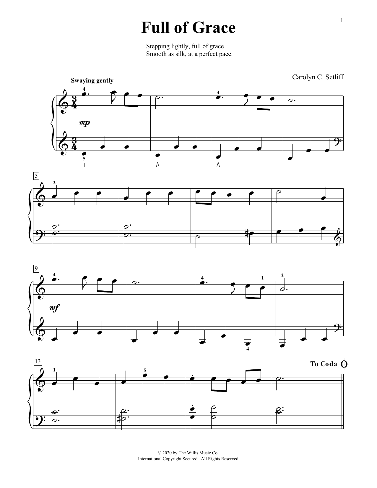 Learn to play Carolyn C. Setliff Full Of Grace sheet music for Educational Piano in minutes. Price: 6.9900$ Carolyn C. Setliff Full Of Grace sheet music notes and chords arranged for Educational Piano