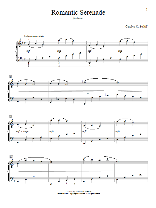 Learn to play Carolyn C. Setliff Romantic Serenade sheet music for Educational Piano in minutes. Price: 6.9900$ Carolyn C. Setliff Romantic Serenade sheet music notes and chords arranged for Educational Piano