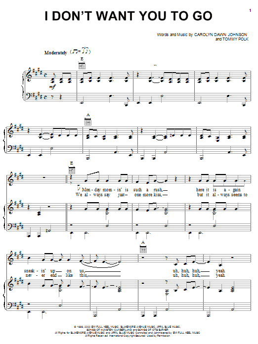 Learn to play Carolyn Dawn Johnson I Don't Want You To Go sheet music for Piano, Vocal & Guitar Chords (Right-Hand Melody) in minutes. Price: 7.8900$ Carolyn Dawn Johnson I Don't Want You To Go sheet music notes and chords arranged for Piano, Vocal & Guitar Chords (Right-Hand Melody)