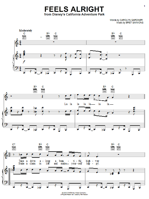 Learn to play Carolyn Dawn Gardner Feels Alright (from Disney's California Adventure Park) sheet music for Piano, Vocal & Guitar Chords (Right-Hand Melody) in minutes. Price: 7.8900$ Carolyn Dawn Gardner Feels Alright (from Disney's California Adventure Park) sheet music notes and chords arranged for Piano, Vocal & Guitar Chords (Right-Hand Melody)