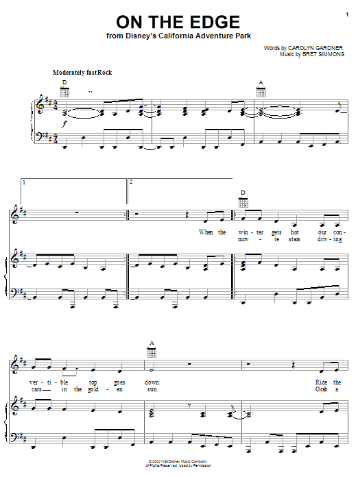 Learn to play Carolyn Dawn Gardner On The Edge (from Disney's California Adventure Park) sheet music for Piano, Vocal & Guitar Chords (Right-Hand Melody) in minutes. Price: 7.8900$ Carolyn Dawn Gardner On The Edge (from Disney's California Adventure Park) sheet music notes and chords arranged for Piano, Vocal & Guitar Chords (Right-Hand Melody)