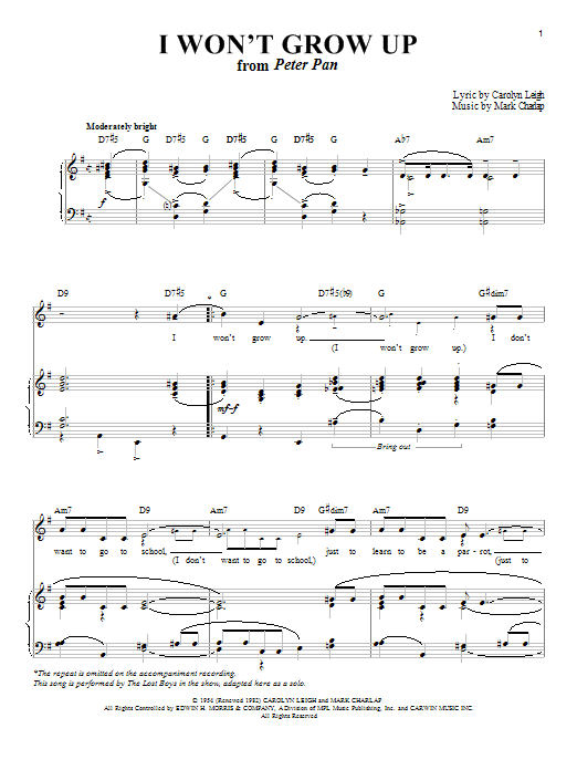 Carolyn Leigh I Won't Grow Up sheet music notes and chords. Download Printable PDF.