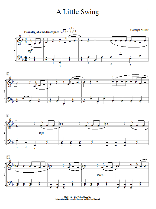 Learn to play Carolyn Miller A Little Swing sheet music for Educational Piano in minutes. Price: 6.9900$ Carolyn Miller A Little Swing sheet music notes and chords arranged for Educational Piano