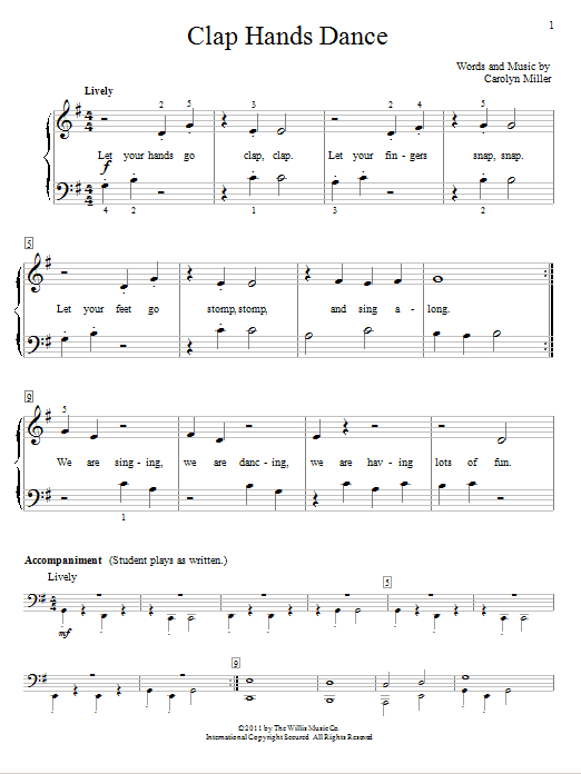 Learn to play Carolyn Miller Clap Hands Dance sheet music for Educational Piano in minutes. Price: 6.9900$ Carolyn Miller Clap Hands Dance sheet music notes and chords arranged for Educational Piano