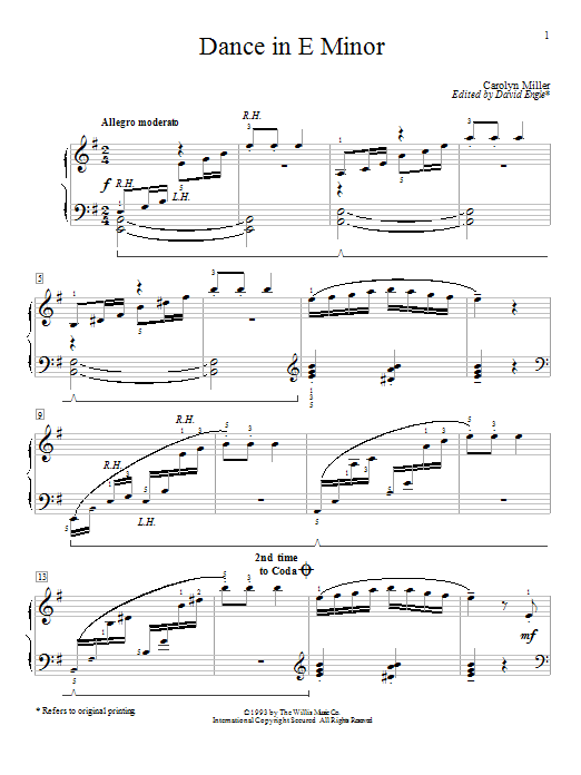 Learn to play Carolyn Miller Dance In E Minor sheet music for Educational Piano in minutes. Price: 6.9900$ Carolyn Miller Dance In E Minor sheet music notes and chords arranged for Educational Piano