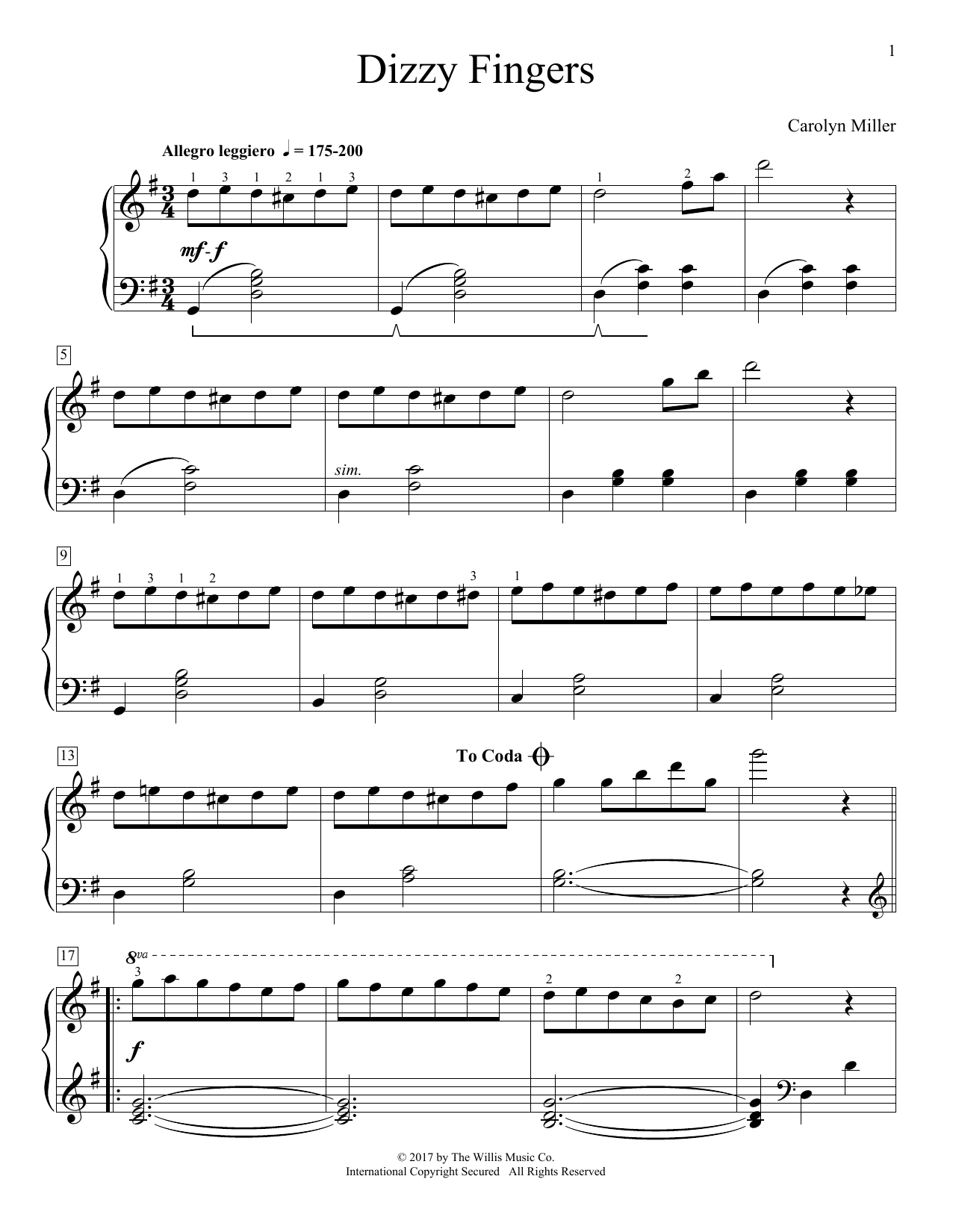 Learn to play Carolyn Miller Dizzy Fingers sheet music for Educational Piano in minutes. Price: 6.9900$ Carolyn Miller Dizzy Fingers sheet music notes and chords arranged for Educational Piano