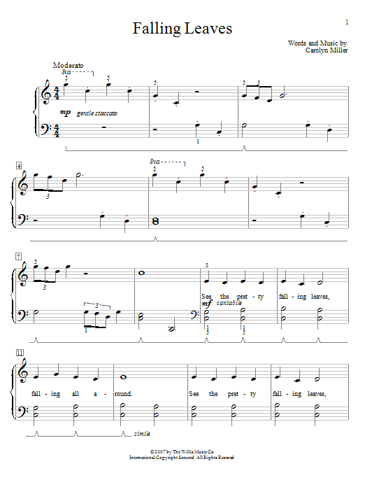Learn to play Carolyn Miller Falling Leaves sheet music for Educational Piano in minutes. Price: 6.9900$ Carolyn Miller Falling Leaves sheet music notes and chords arranged for Educational Piano