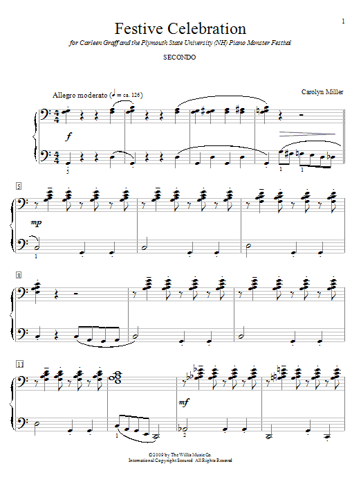 Learn to play Carolyn Miller Festive Celebration sheet music for Piano Duet in minutes. Price: 7.8900$ Carolyn Miller Festive Celebration sheet music notes and chords arranged for Piano Duet