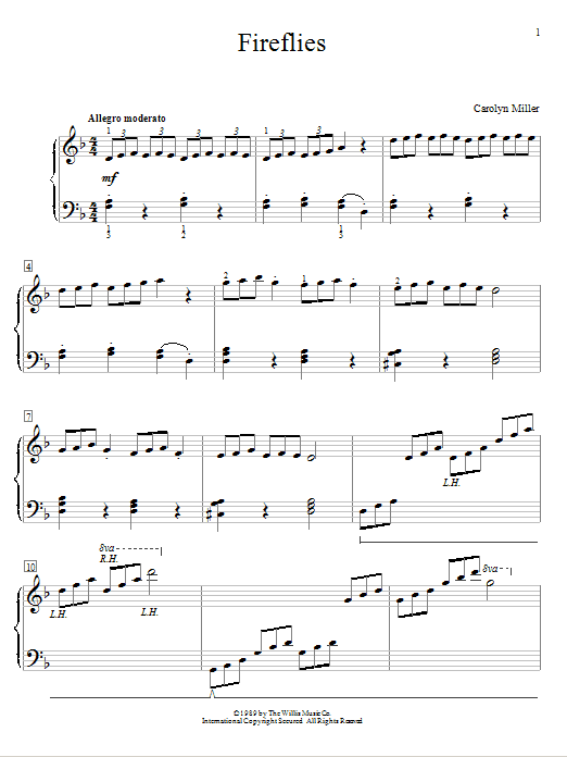 Learn to play Carolyn Miller Fireflies sheet music for Educational Piano in minutes. Price: 6.9900$ Carolyn Miller Fireflies sheet music notes and chords arranged for Educational Piano
