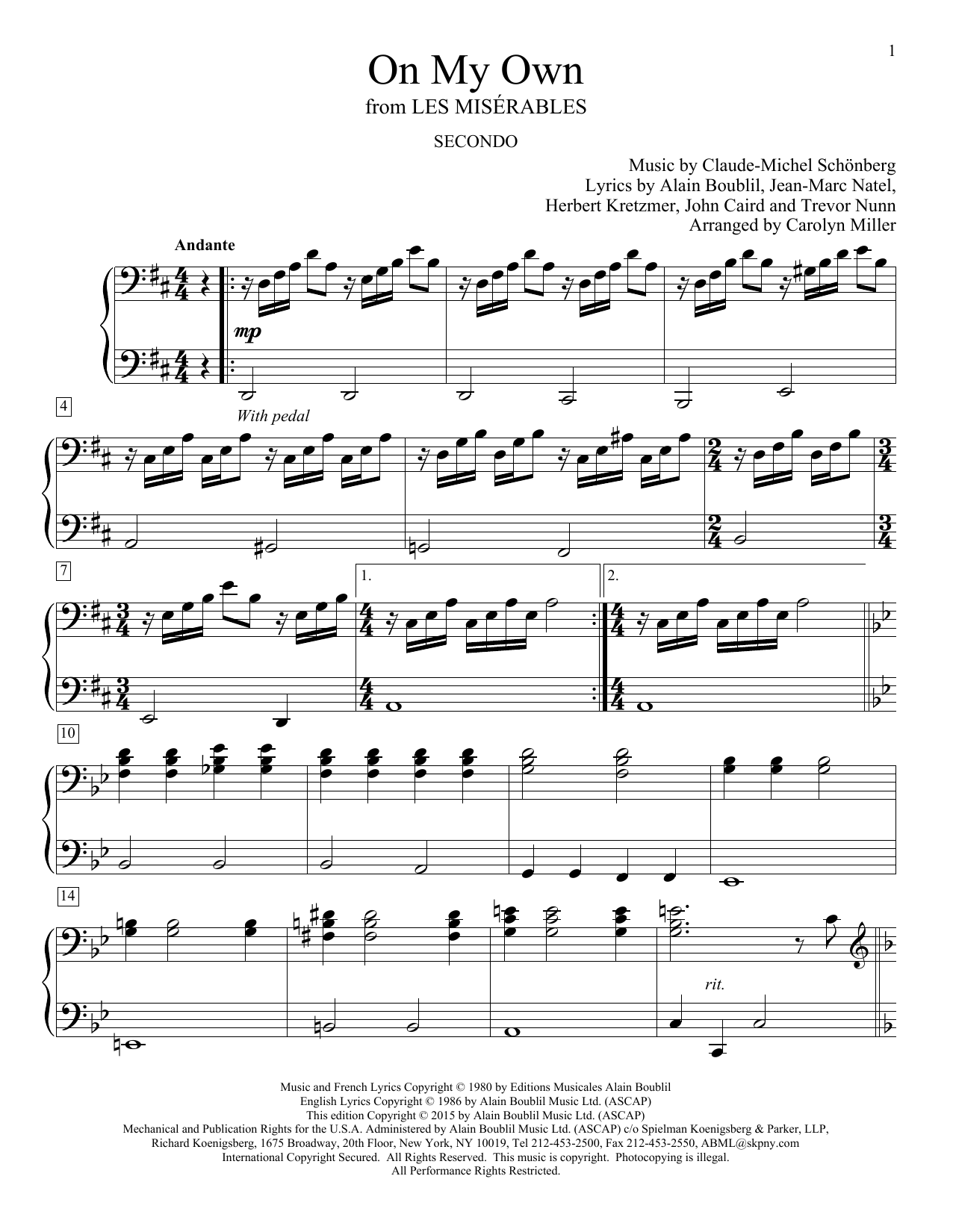 Learn to play Carolyn Miller On My Own (from Les Miserables) sheet music for Piano Duet in minutes. Price: 7.8900$ Carolyn Miller On My Own (from Les Miserables) sheet music notes and chords arranged for Piano Duet