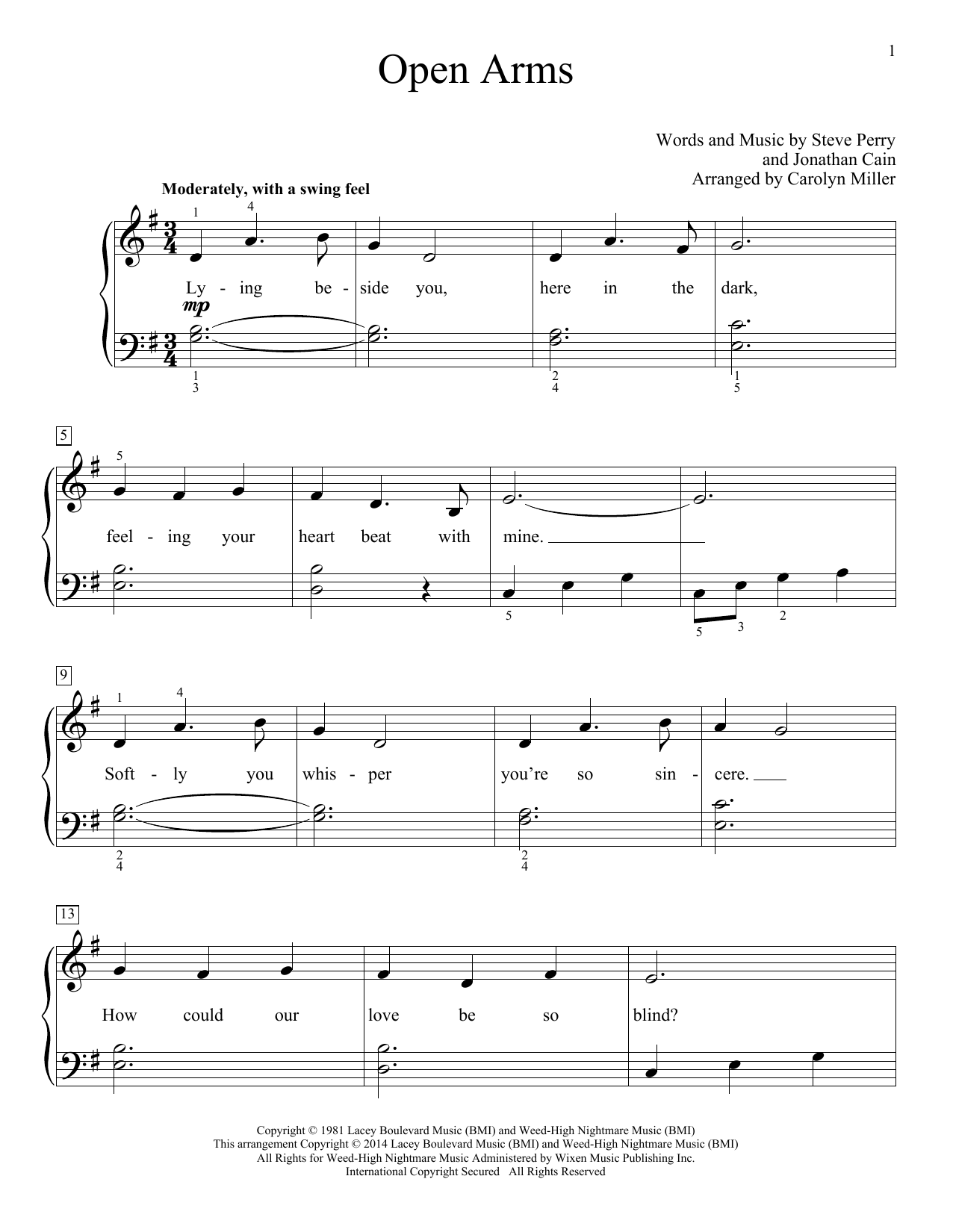 Carolyn Miller Open Arms sheet music notes and chords. Download Printable PDF.