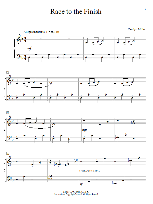 Learn to play Carolyn Miller Race To The Finish sheet music for Educational Piano in minutes. Price: 6.9900$ Carolyn Miller Race To The Finish sheet music notes and chords arranged for Educational Piano