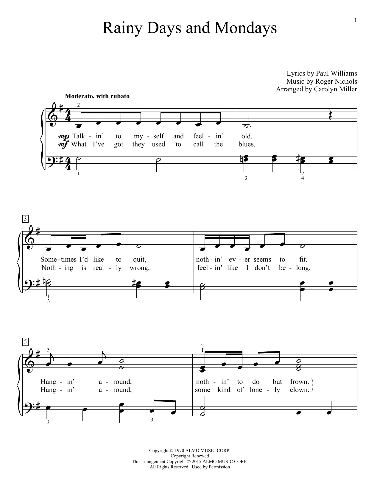 Carolyn Miller Rainy Days And Mondays sheet music notes and chords. Download Printable PDF.