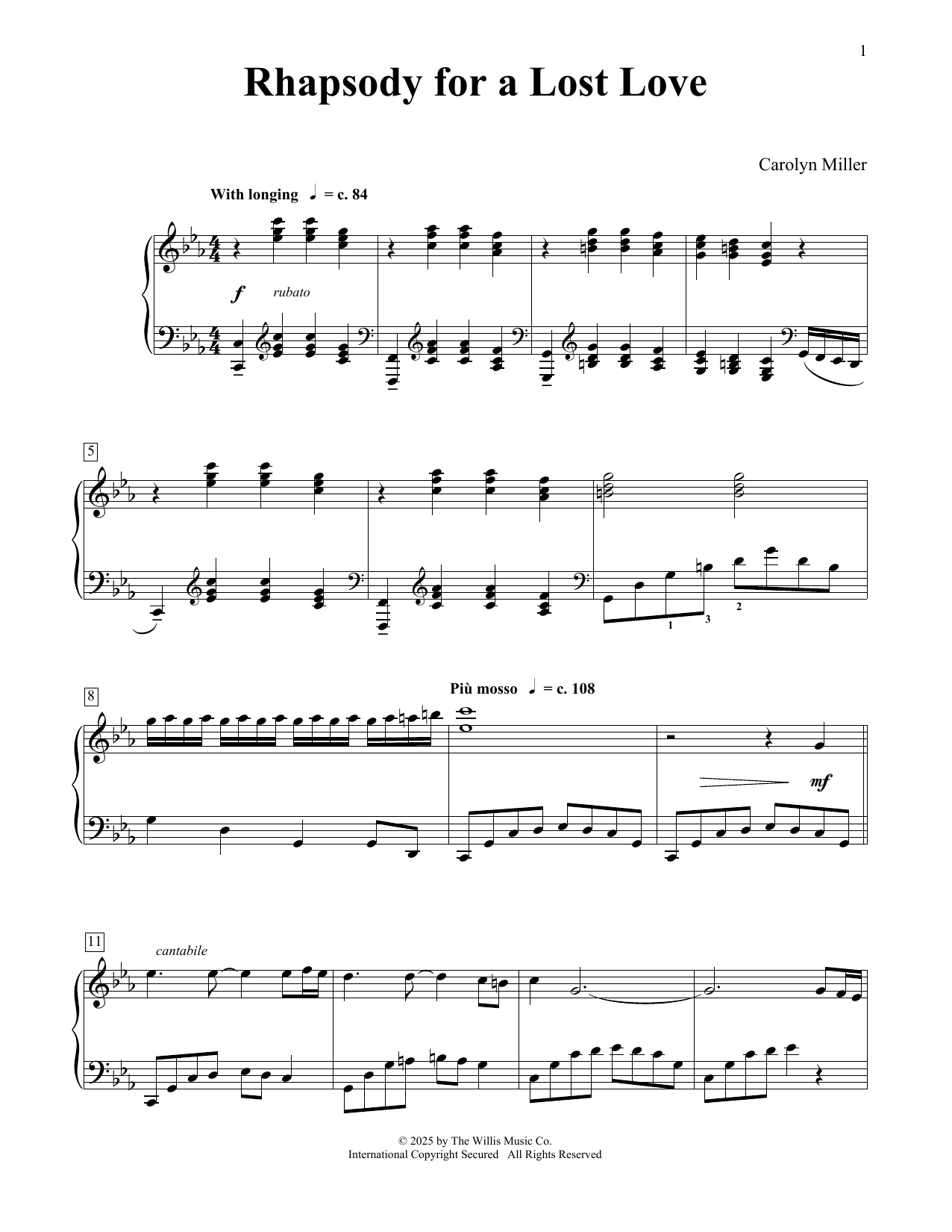 Carolyn Miller Rhapsody For A Lost Love sheet music notes and chords arranged for Educational Piano