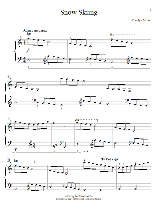 Learn to play Carolyn Miller Snow Skiing sheet music for Educational Piano in minutes. Price: 6.9900$ Carolyn Miller Snow Skiing sheet music notes and chords arranged for Educational Piano