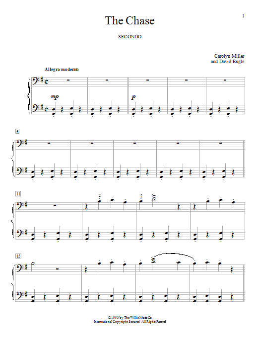 Learn to play Carolyn Miller The Chase sheet music for Piano Duet in minutes. Price: 7.8900$ Carolyn Miller The Chase sheet music notes and chords arranged for Piano Duet