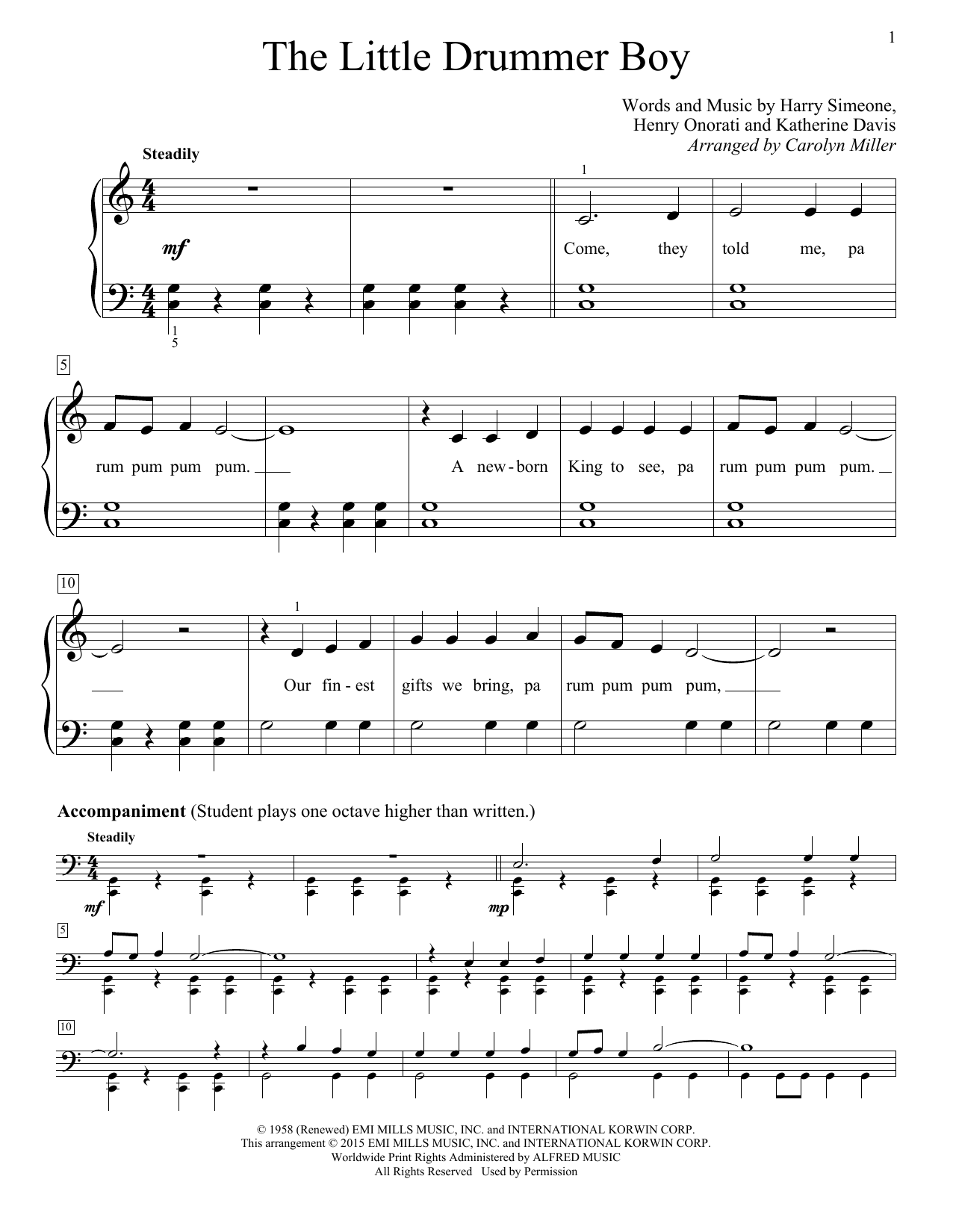 Carolyn Miller The Little Drummer Boy sheet music notes and chords. Download Printable PDF.