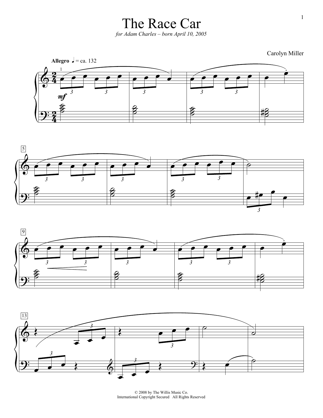 Carolyn Miller The Race Car sheet music notes and chords arranged for Educational Piano