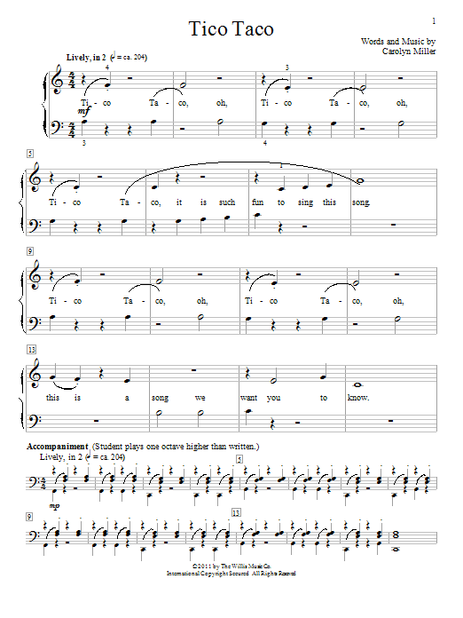 Learn to play Carolyn Miller Tico Taco sheet music for Educational Piano in minutes. Price: 6.9900$ Carolyn Miller Tico Taco sheet music notes and chords arranged for Educational Piano