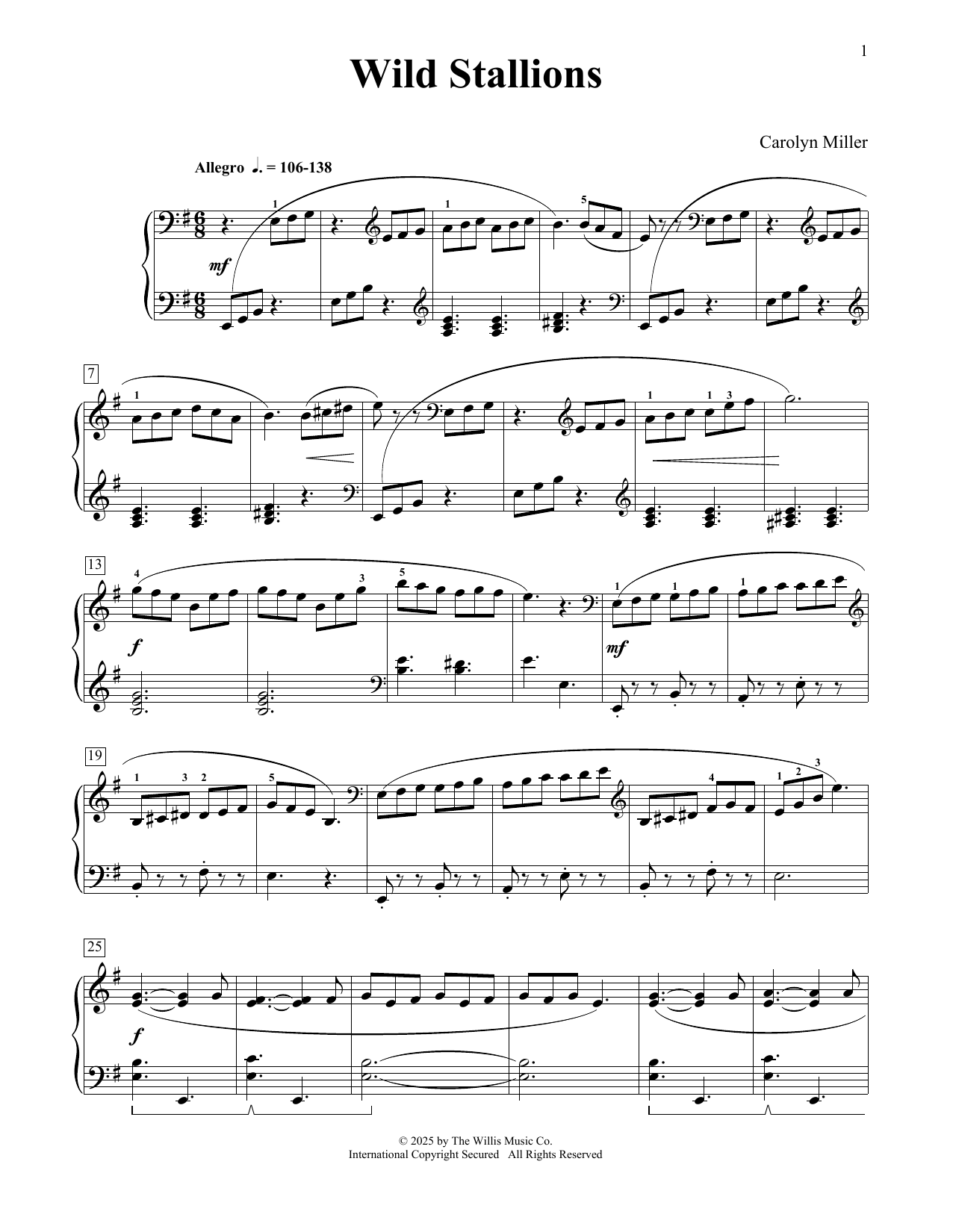 Carolyn Miller Wild Stallions sheet music notes and chords arranged for Educational Piano