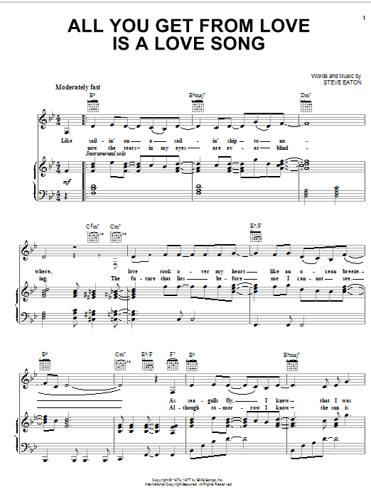 Learn to play Carpenters All You Get From Love Is A Love Song sheet music for Piano, Vocal & Guitar Chords (Right-Hand Melody) in minutes. Price: 7.8900$ Carpenters All You Get From Love Is A Love Song sheet music notes and chords arranged for Piano, Vocal & Guitar Chords (Right-Hand Melody)