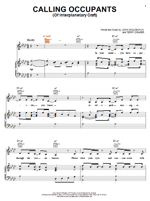 Learn to play Carpenters Calling Occupants (Of Interplanetary Craft) sheet music for Piano, Vocal & Guitar Chords (Right-Hand Melody) in minutes. Price: 7.8900$ Carpenters Calling Occupants (Of Interplanetary Craft) sheet music notes and chords arranged for Piano, Vocal & Guitar Chords (Right-Hand Melody)