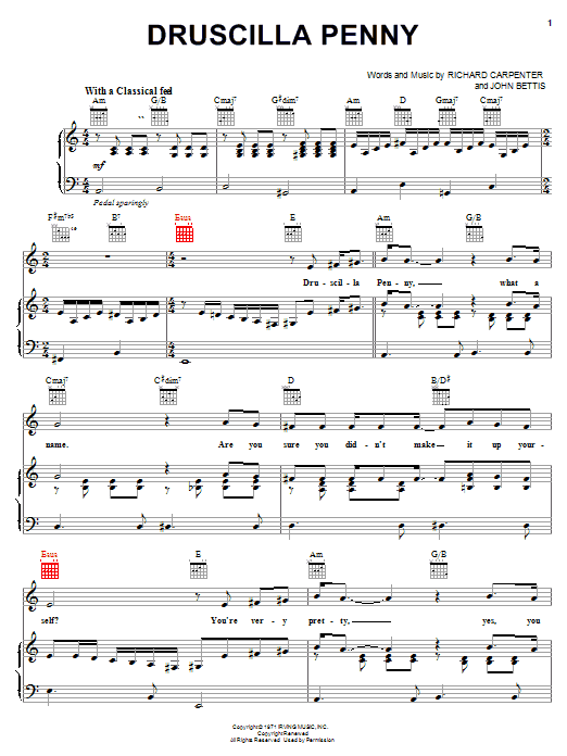 Learn to play Carpenters Druscilla Penny sheet music for Piano, Vocal & Guitar Chords (Right-Hand Melody) in minutes. Price: 7.8900$ Carpenters Druscilla Penny sheet music notes and chords arranged for Piano, Vocal & Guitar Chords (Right-Hand Melody)