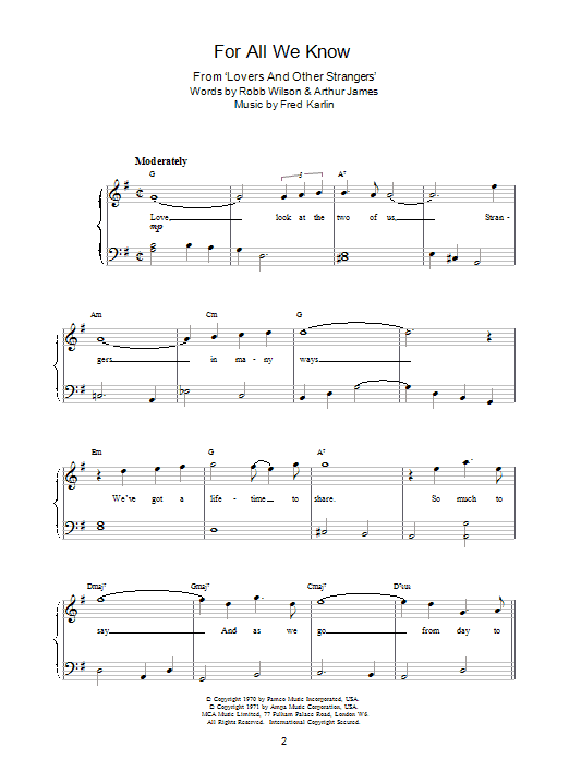 Fred Karlin For All We Know sheet music notes and chords. Download Printable PDF.