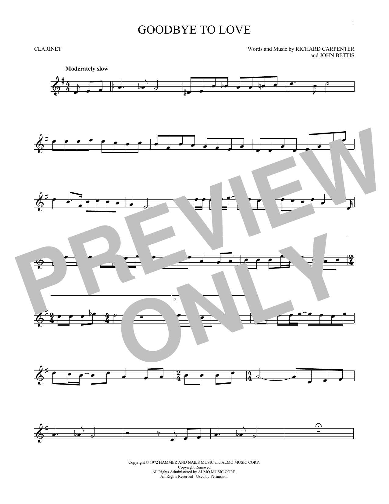 Carpenters Goodbye To Love sheet music notes and chords. Download Printable PDF.