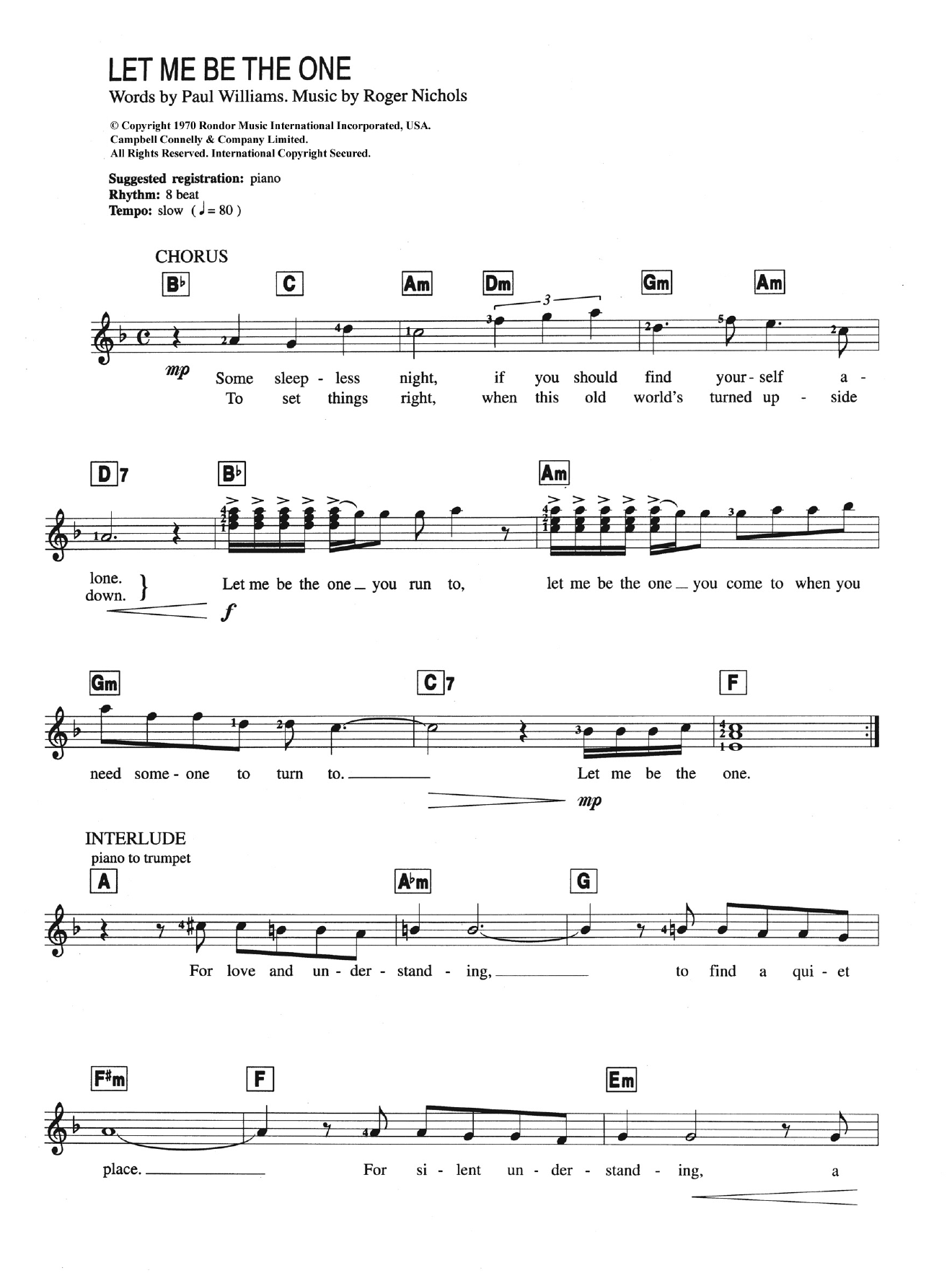 Carpenters Let Me Be The One sheet music notes and chords arranged for Piano Chords/Lyrics