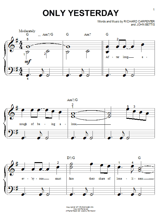 Carpenters Only Yesterday sheet music notes and chords. Download Printable PDF.