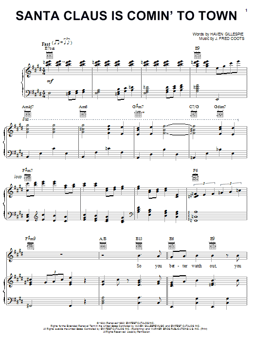 Learn to play Carpenters Santa Claus Is Comin' To Town sheet music for Piano, Vocal & Guitar Chords (Right-Hand Melody) in minutes. Price: 7.8900$ Carpenters Santa Claus Is Comin' To Town sheet music notes and chords arranged for Piano, Vocal & Guitar Chords (Right-Hand Melody)