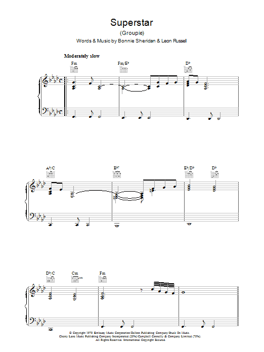 Carpenters Superstar sheet music notes and chords arranged for Piano, Vocal & Guitar Chords