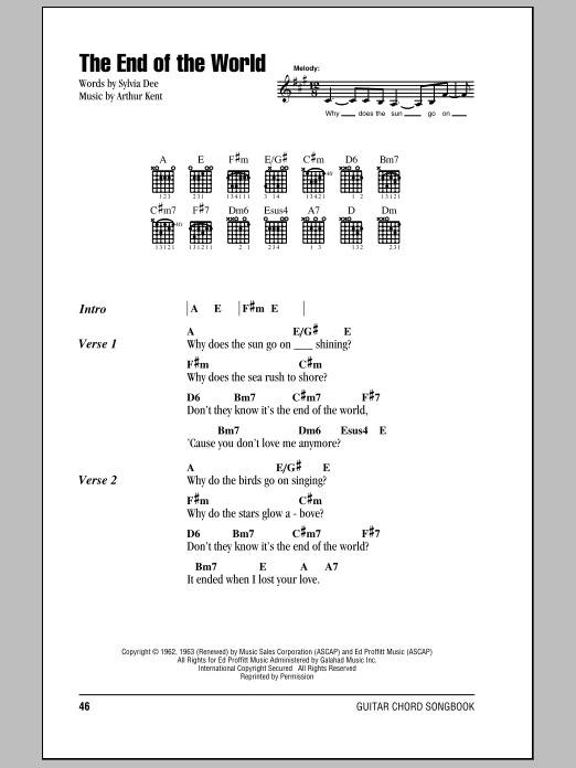 Learn to play Carpenters The End Of The World sheet music for Piano, Vocal & Guitar Chords (Right-Hand Melody) in minutes. Price: 7.8900$ Carpenters The End Of The World sheet music notes and chords arranged for Piano, Vocal & Guitar Chords (Right-Hand Melody)