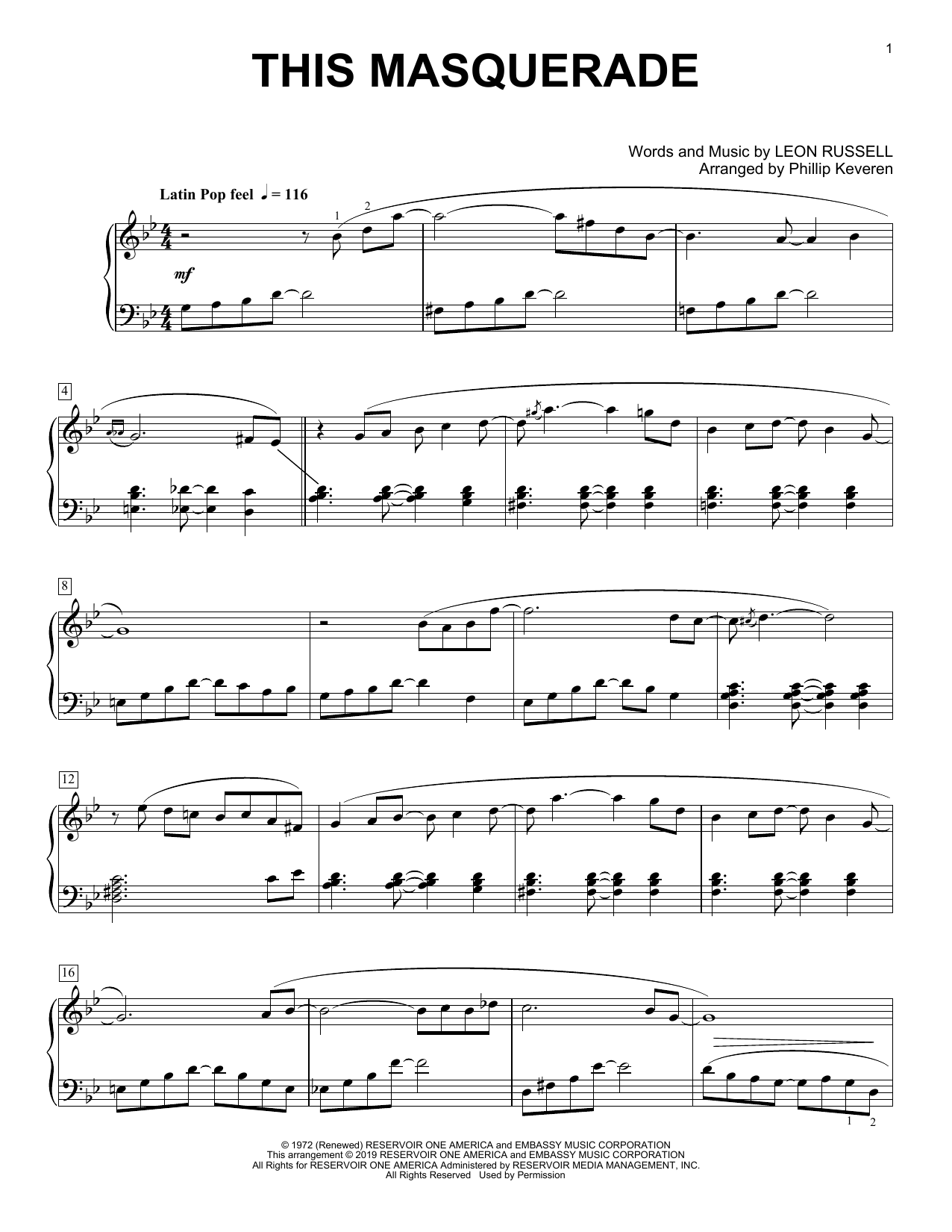 Carpenters This Masquerade (arr. Phillip Keveren) sheet music notes and chords. Download Printable PDF.