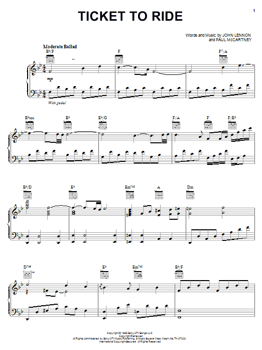 Learn to play Carpenters Ticket To Ride sheet music for Piano, Vocal & Guitar Chords (Right-Hand Melody) in minutes. Price: 7.8900$ Carpenters Ticket To Ride sheet music notes and chords arranged for Piano, Vocal & Guitar Chords (Right-Hand Melody)