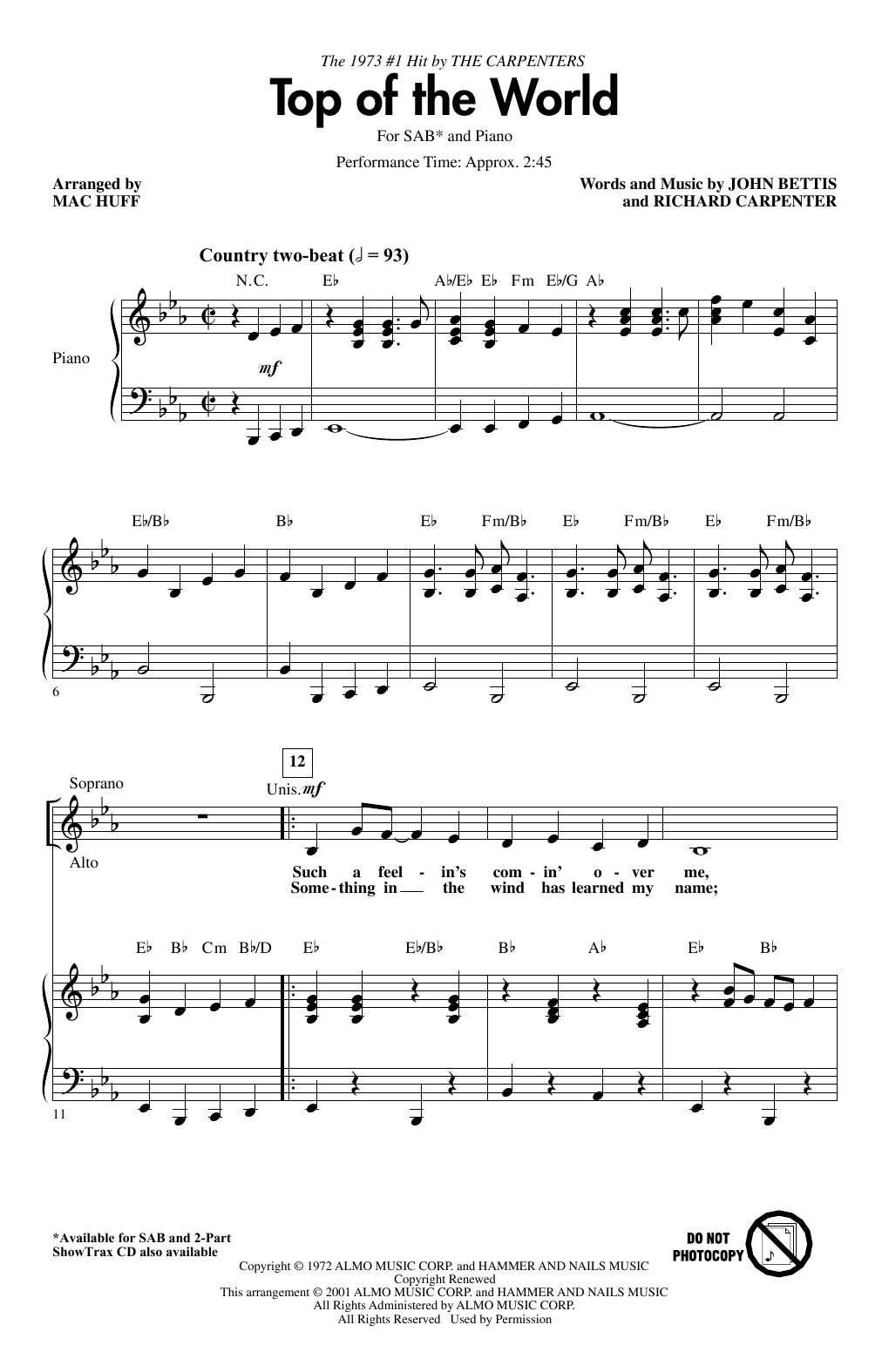 Carpenters Top Of The World (arr. Mac Huff) sheet music notes and chords. Download Printable PDF.