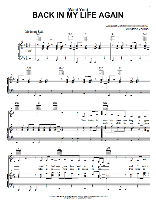 Learn to play Carpenters (Want You) Back In My Life Again sheet music for Piano, Vocal & Guitar Chords (Right-Hand Melody) in minutes. Price: 7.8900$ Carpenters (Want You) Back In My Life Again sheet music notes and chords arranged for Piano, Vocal & Guitar Chords (Right-Hand Melody)