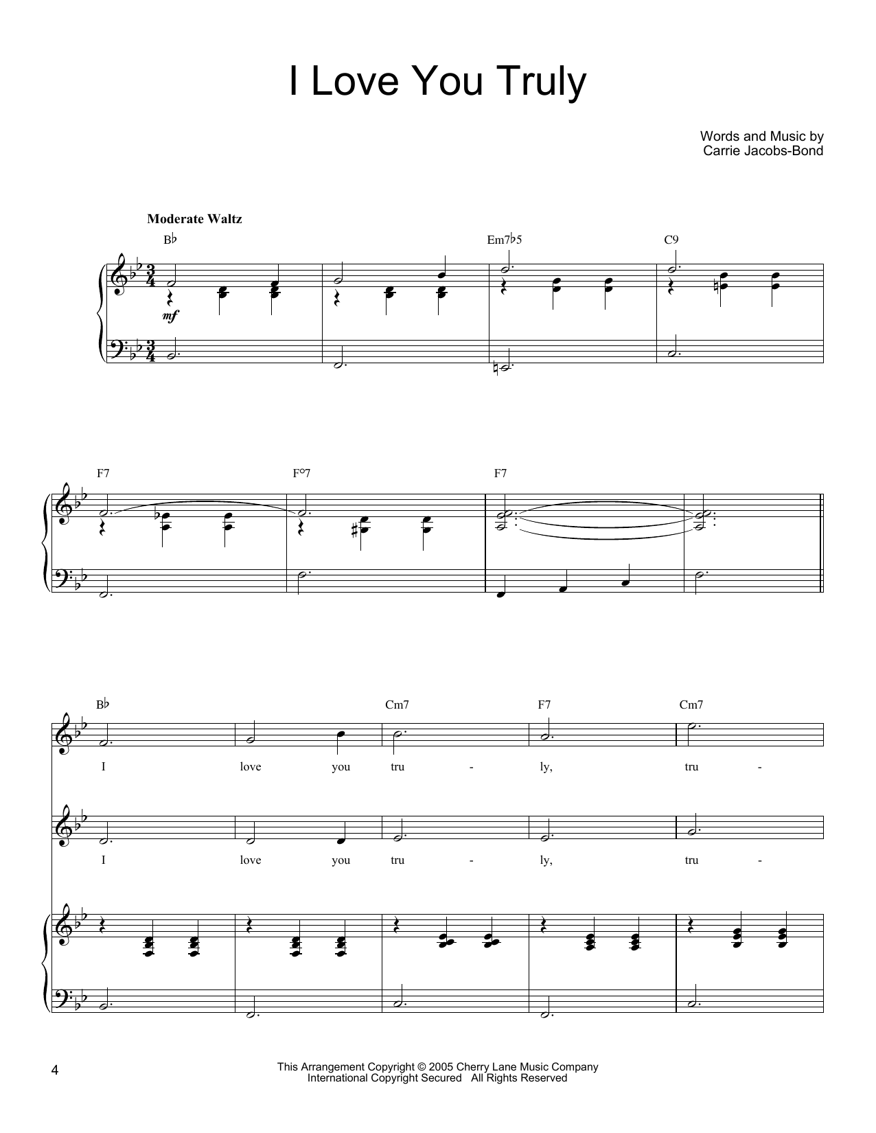 Carrie Jacobs-Bond I Love You Truly sheet music notes and chords. Download Printable PDF.