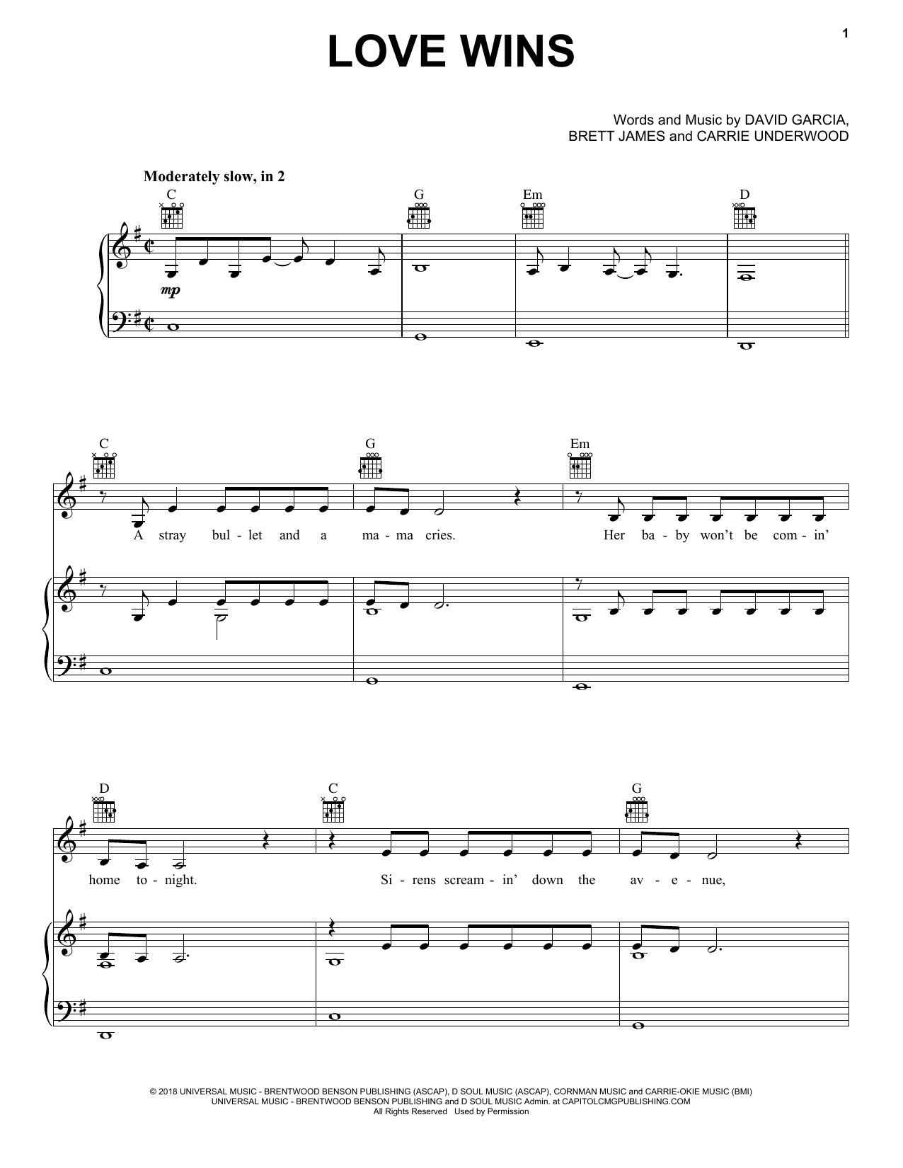 Learn to play Carrie Underwood Love Wins sheet music for Piano, Vocal & Guitar Chords (Right-Hand Melody) in minutes. Price: 7.8900$ Carrie Underwood Love Wins sheet music notes and chords arranged for Piano, Vocal & Guitar Chords (Right-Hand Melody)
