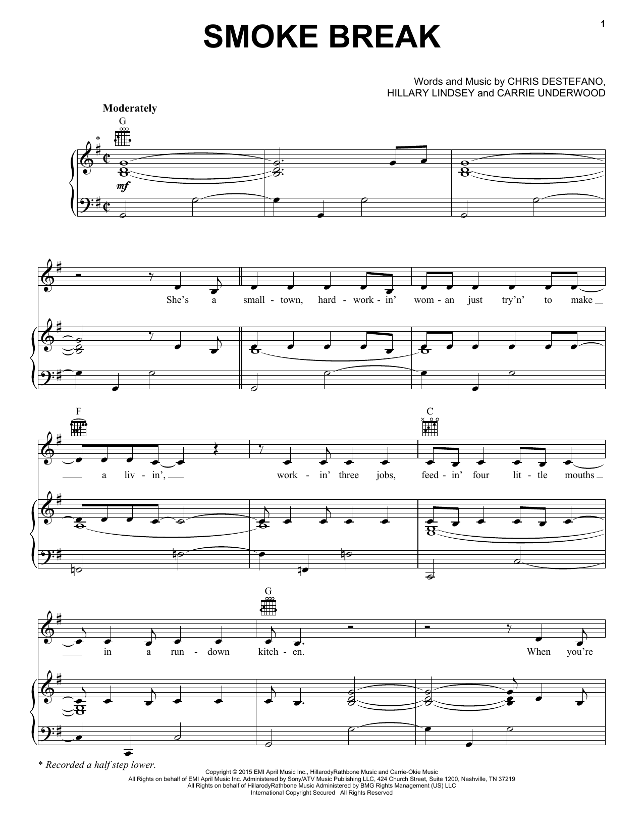 Learn to play Carrie Underwood Smoke Break sheet music for Piano, Vocal & Guitar Chords (Right-Hand Melody) in minutes. Price: 7.8900$ Carrie Underwood Smoke Break sheet music notes and chords arranged for Piano, Vocal & Guitar Chords (Right-Hand Melody)