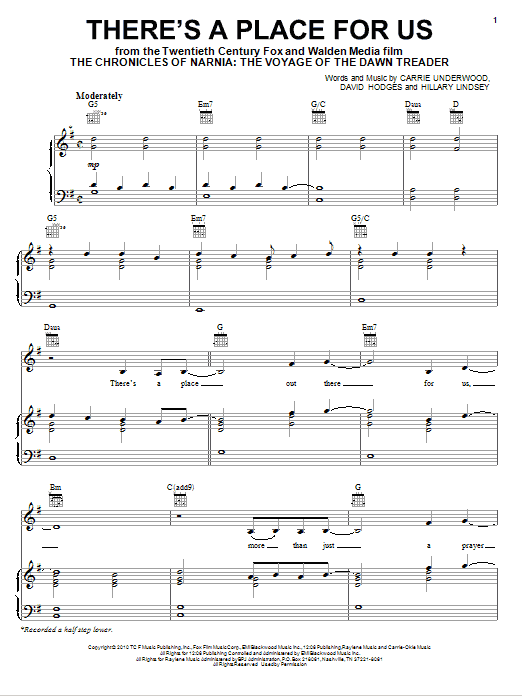 Carrie Underwood There's A Place For Us sheet music notes and chords. Download Printable PDF.